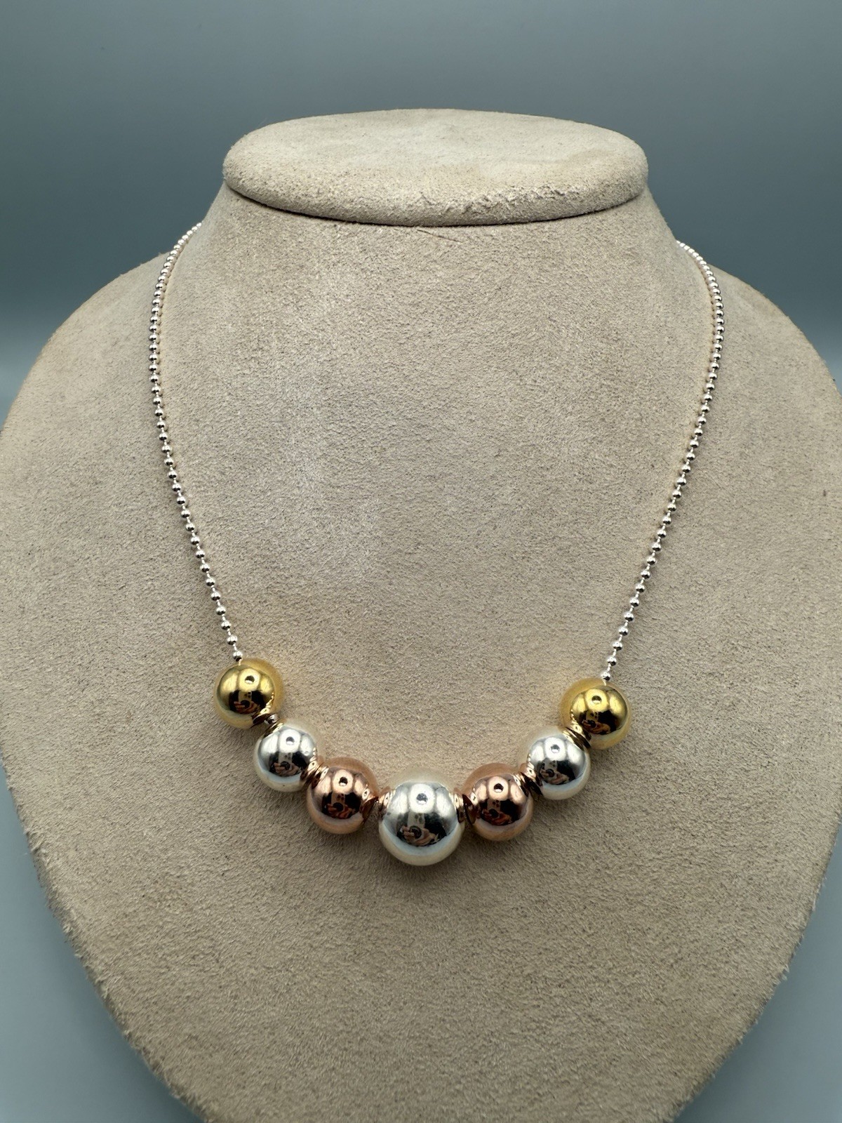 925 Sterling Silver Tri-Color Ball Bead Station Necklace 20” Italy
