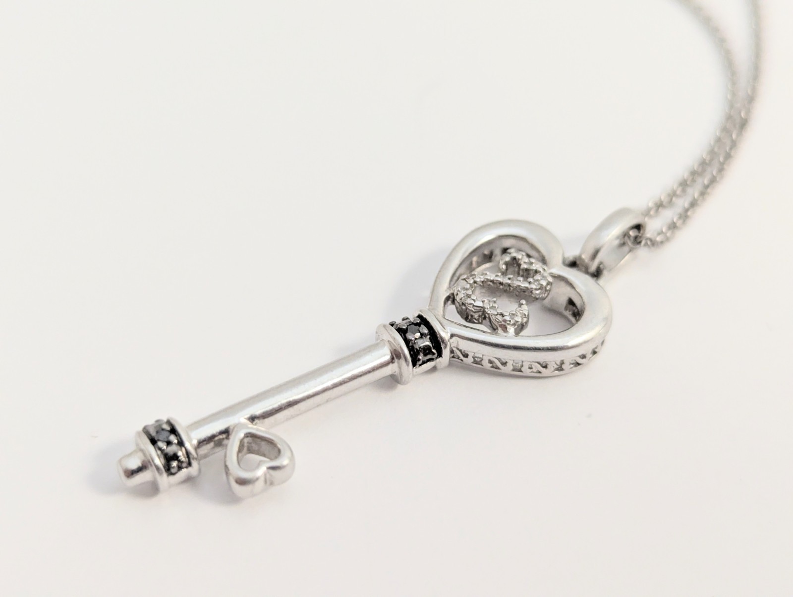 Sterling Silver Open Heart Black White Pave Diamond Key Necklace 20″
