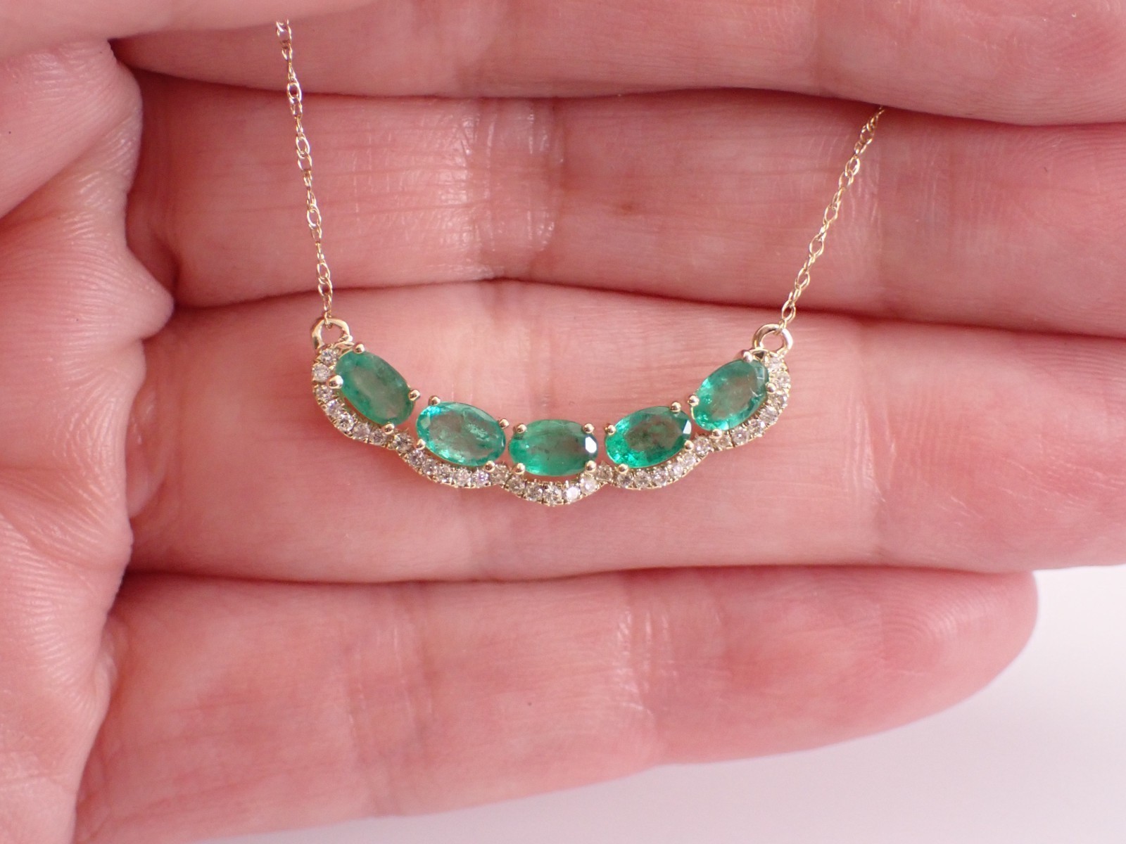 Birthday Gift Necklace Oval Natural Emerald & Diamond 18” Chain 14k Yellow Gold