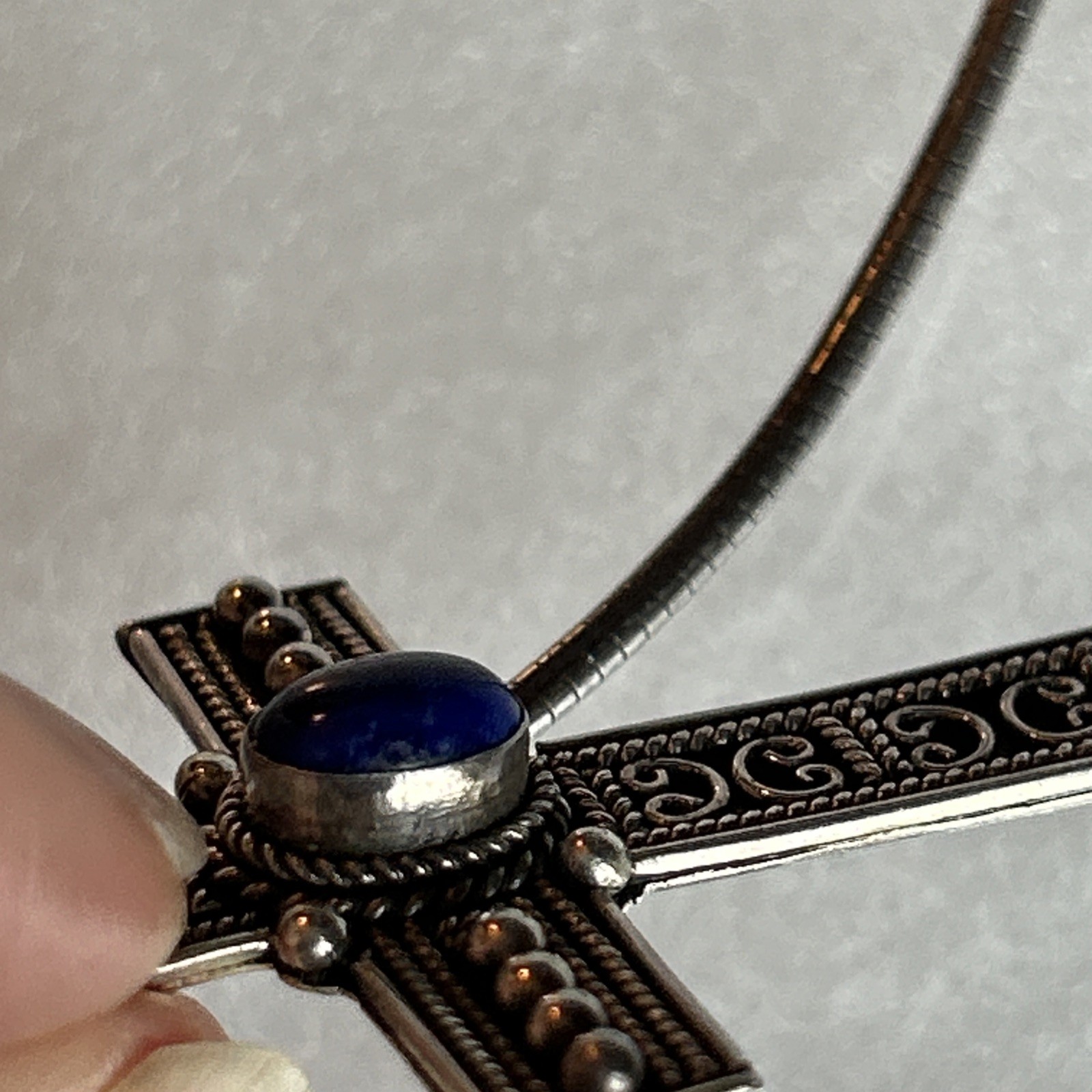 Sterling Silver 925 Omega Necklace And Ornate Cross Pendant With Blue Stone