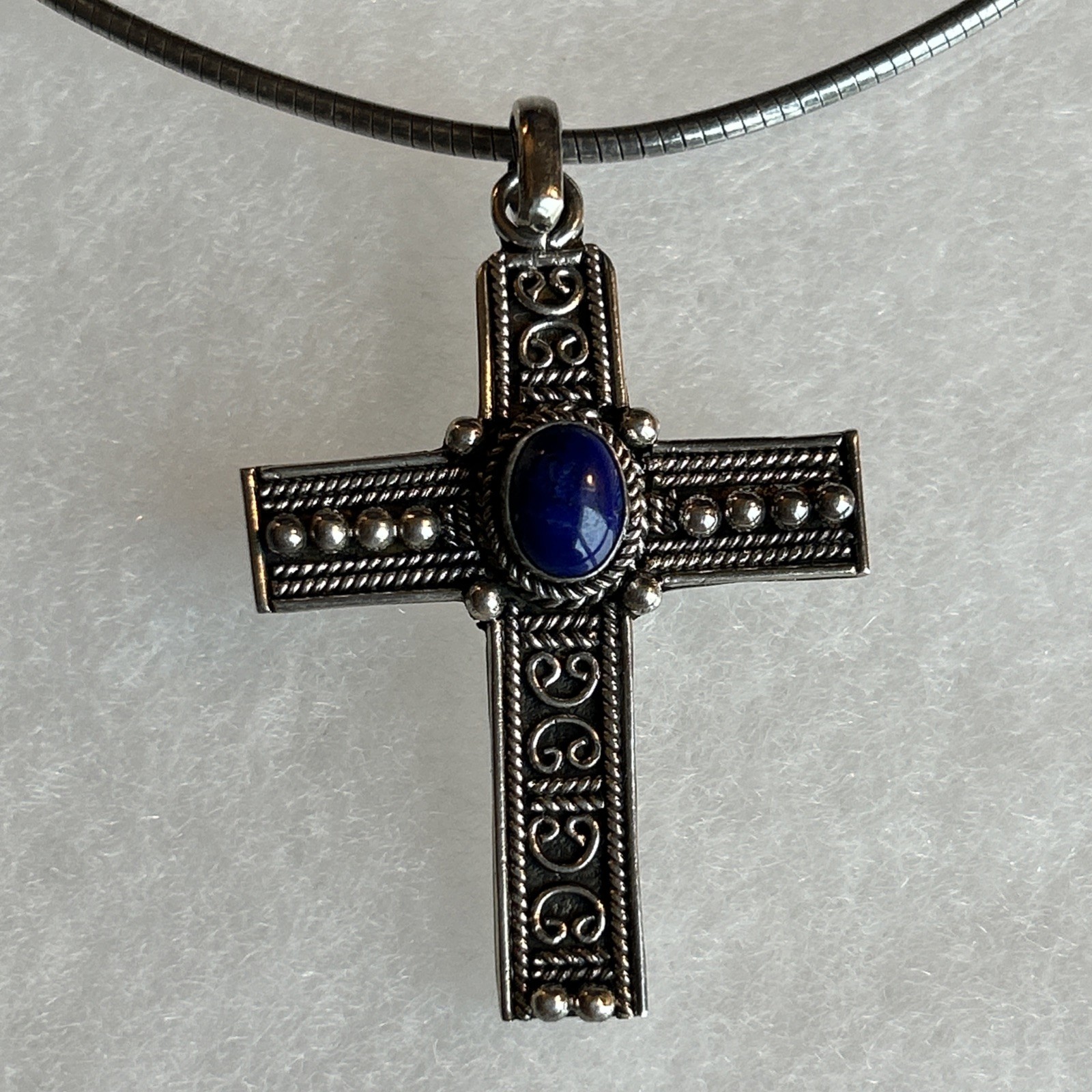 Sterling Silver 925 Omega Necklace And Ornate Cross Pendant With Blue Stone