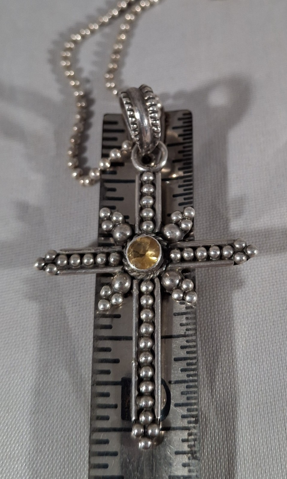Vintage Taxco Sterling Silver Beaded Citrine Gem Cross Pendant Necklace 21 in