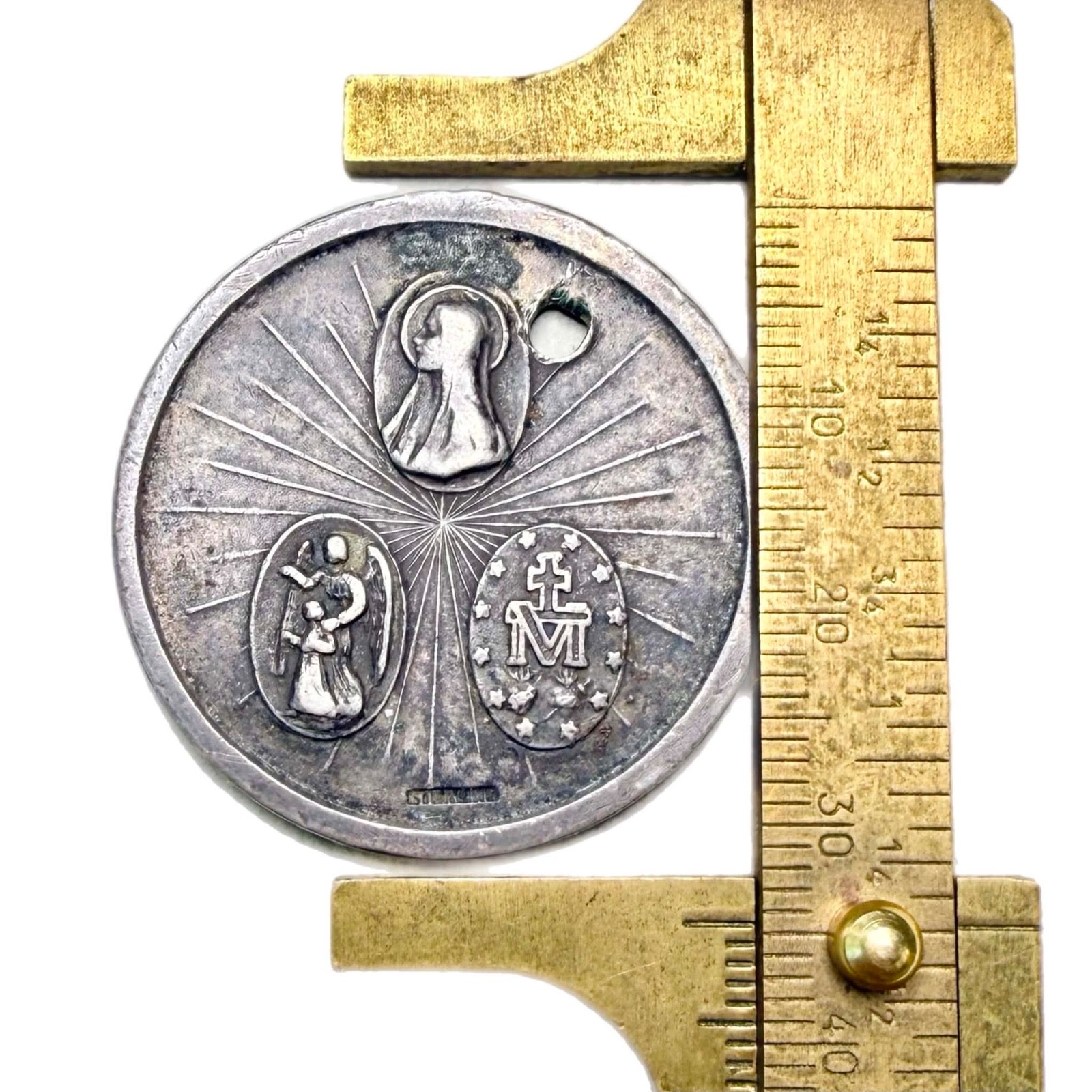 LUX Vtg Sterling + Enamel Saint Medal, Jesus, Mary, St Christopher, Pendant