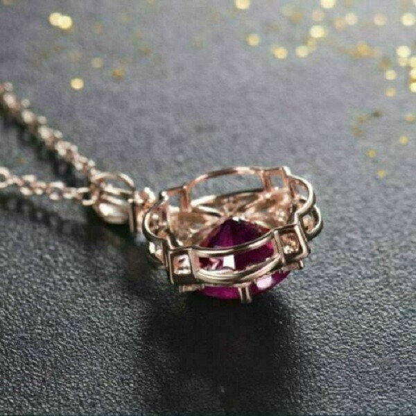 3Ct Round Cut Pink Ruby & Diamond Pendant Necklace 14K Rose Gold Over