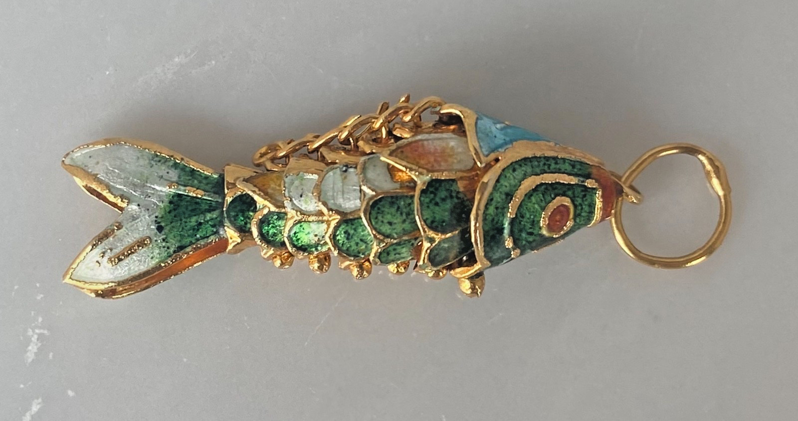 Vintage Cloisonne Enamel Fish Pendant Gold Tone Articulated Shades of Green