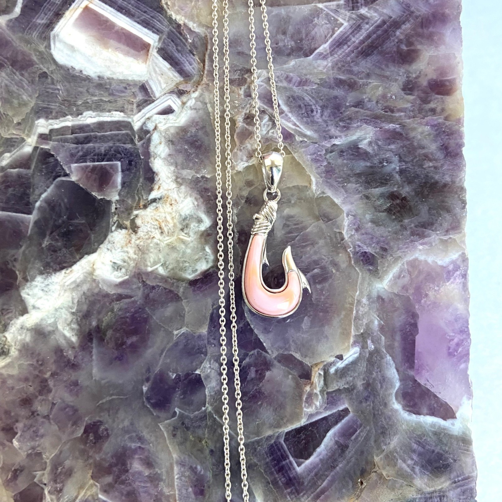 Sterling Silver 925 Pink Conch Maui Fish Hook Pendant Necklace 18″ Cable Chain