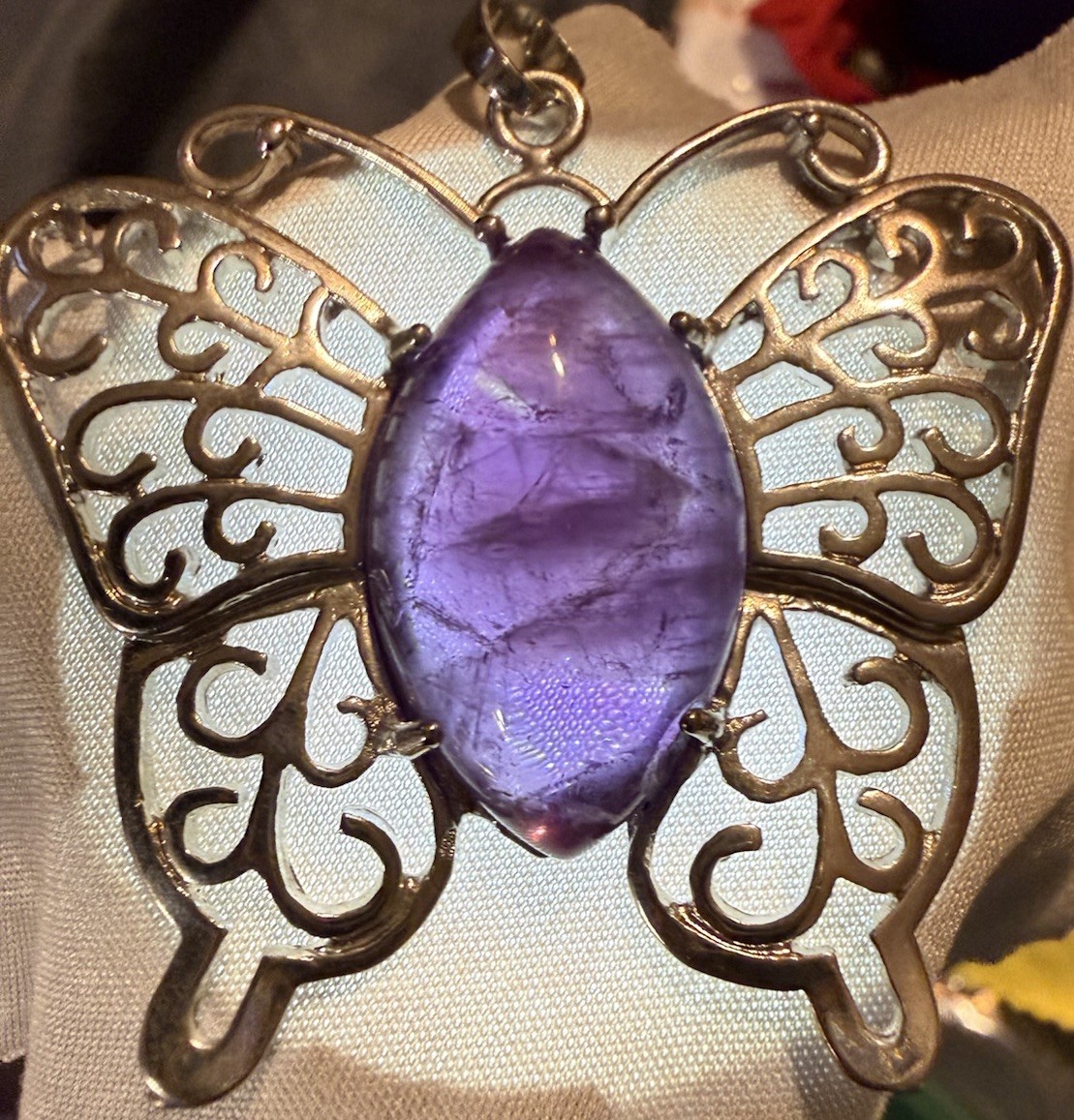SILVER TONE BUTTERFLY PENDANT METAL WITH REAL AMETHYST STONE
