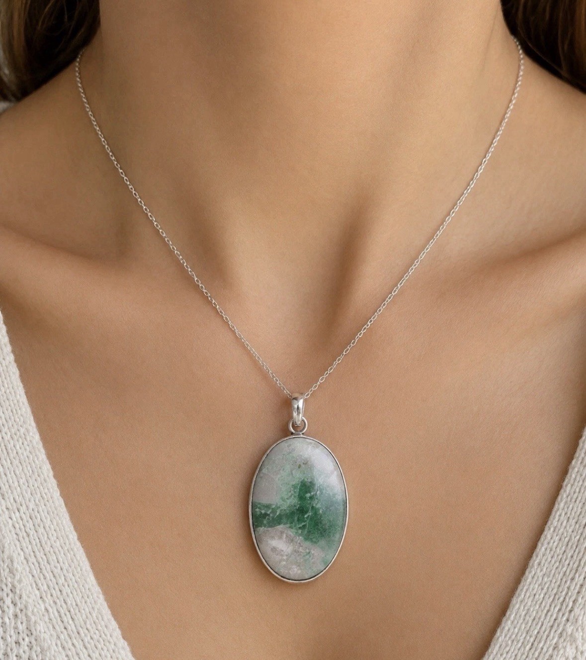 Large Green & White Agate Statement Pendant Necklace Beautiful Oval Gemstone 925