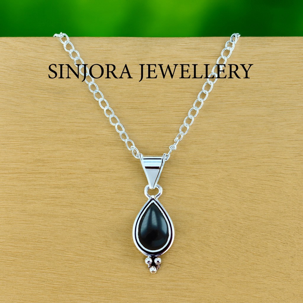 Black Onyx Gemstone 925 Sterling Silver Jewelry Handmade Pendant 18”