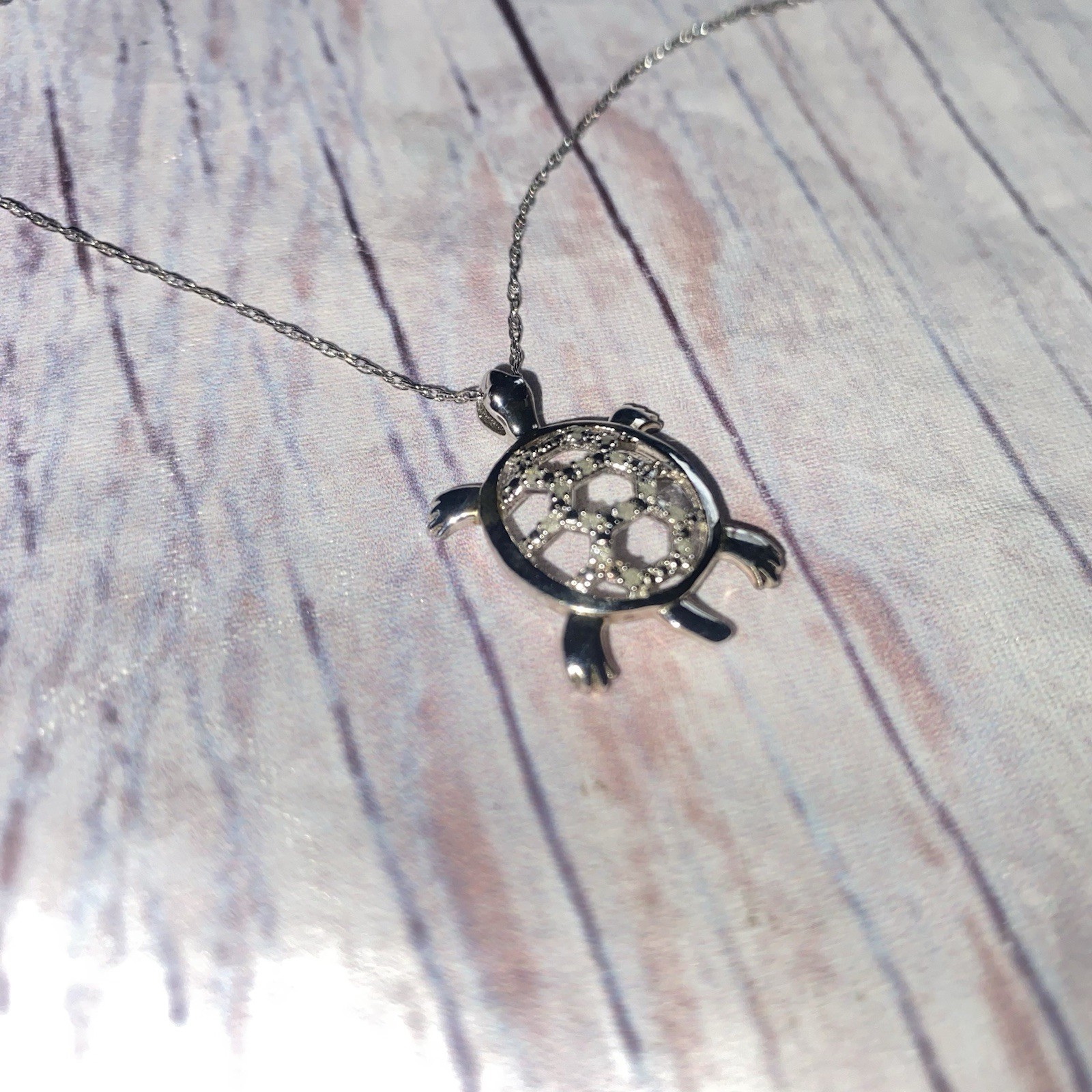 Sterling Silver Diamond Turtle Pendant Necklace 1/10 CTW 925 20” Beach Ocean
