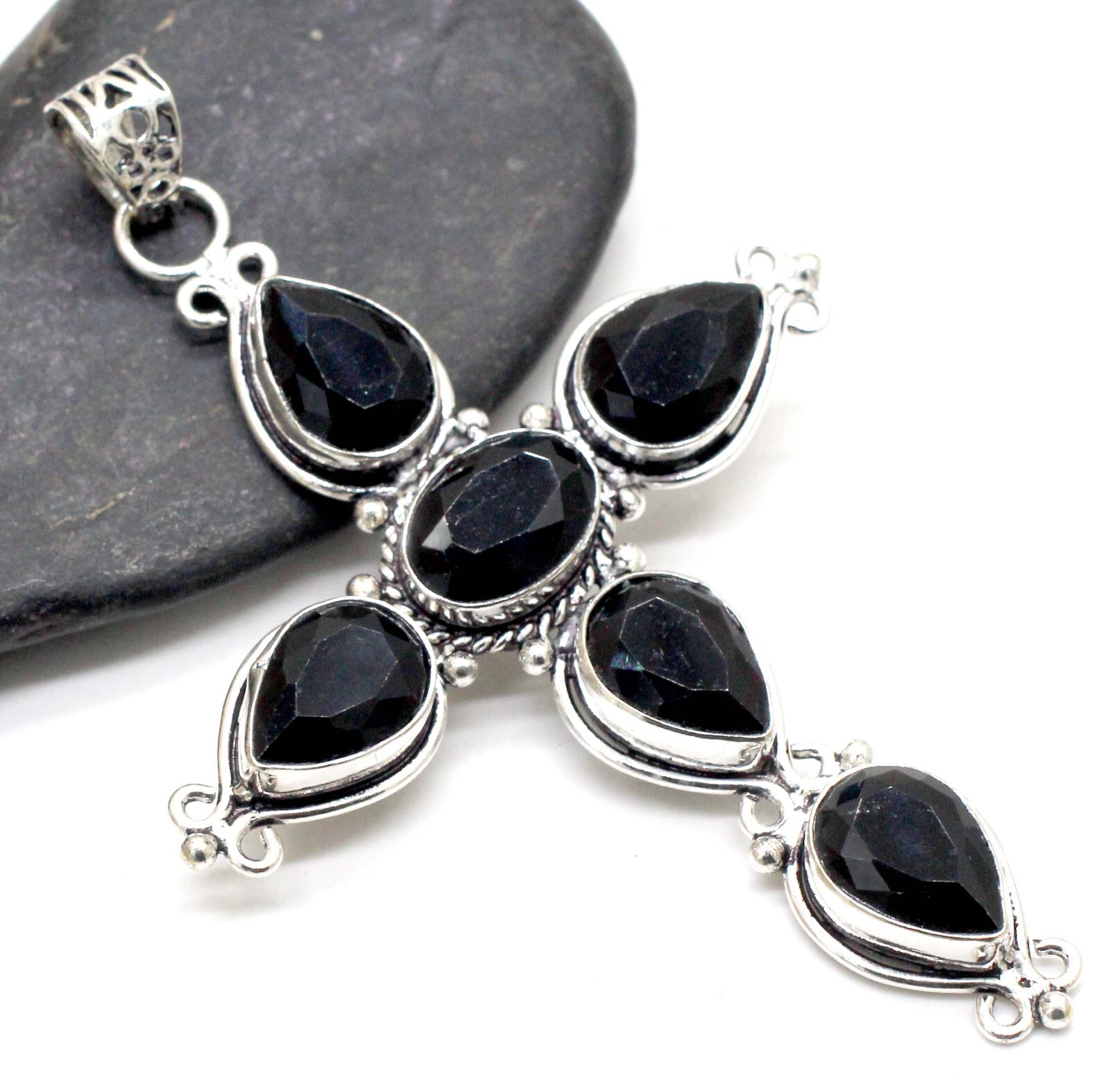 925 Sterling Silver Black Onyx Gemstone Jewelry Cross Pendant Size-3″