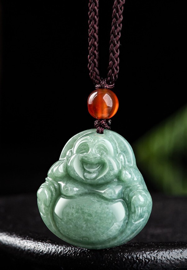 Carved Authentic Burma Green Jade Smile Buddha Pendant Necklace String