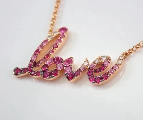 2Ct Lab Created Round Pink Sapphire LOVE Pendant 14K Rose Gold Plated Free Chain