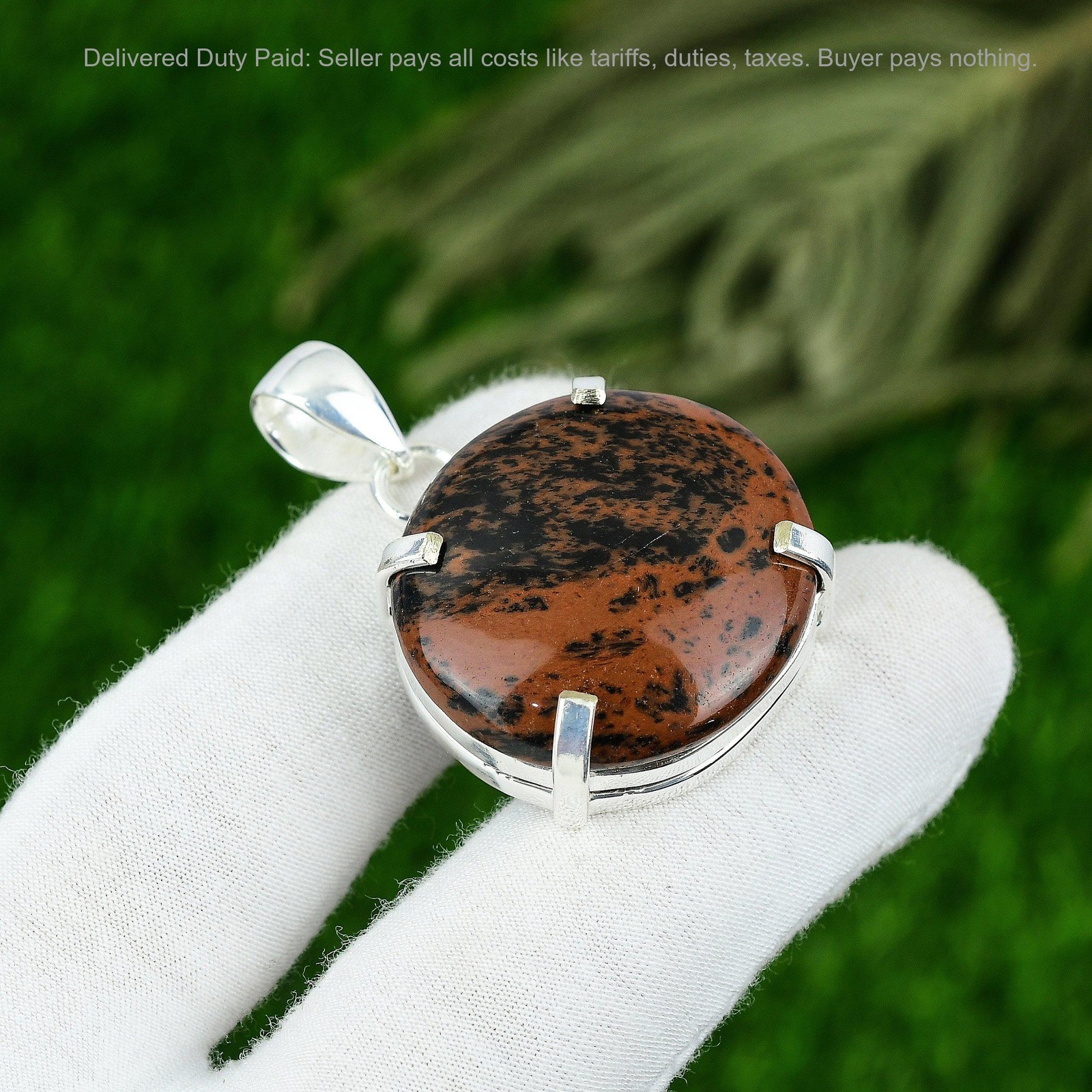 Sterling Silver Round Mahogany Obsidian Stone Anniversary Birthday Bezel Pendant