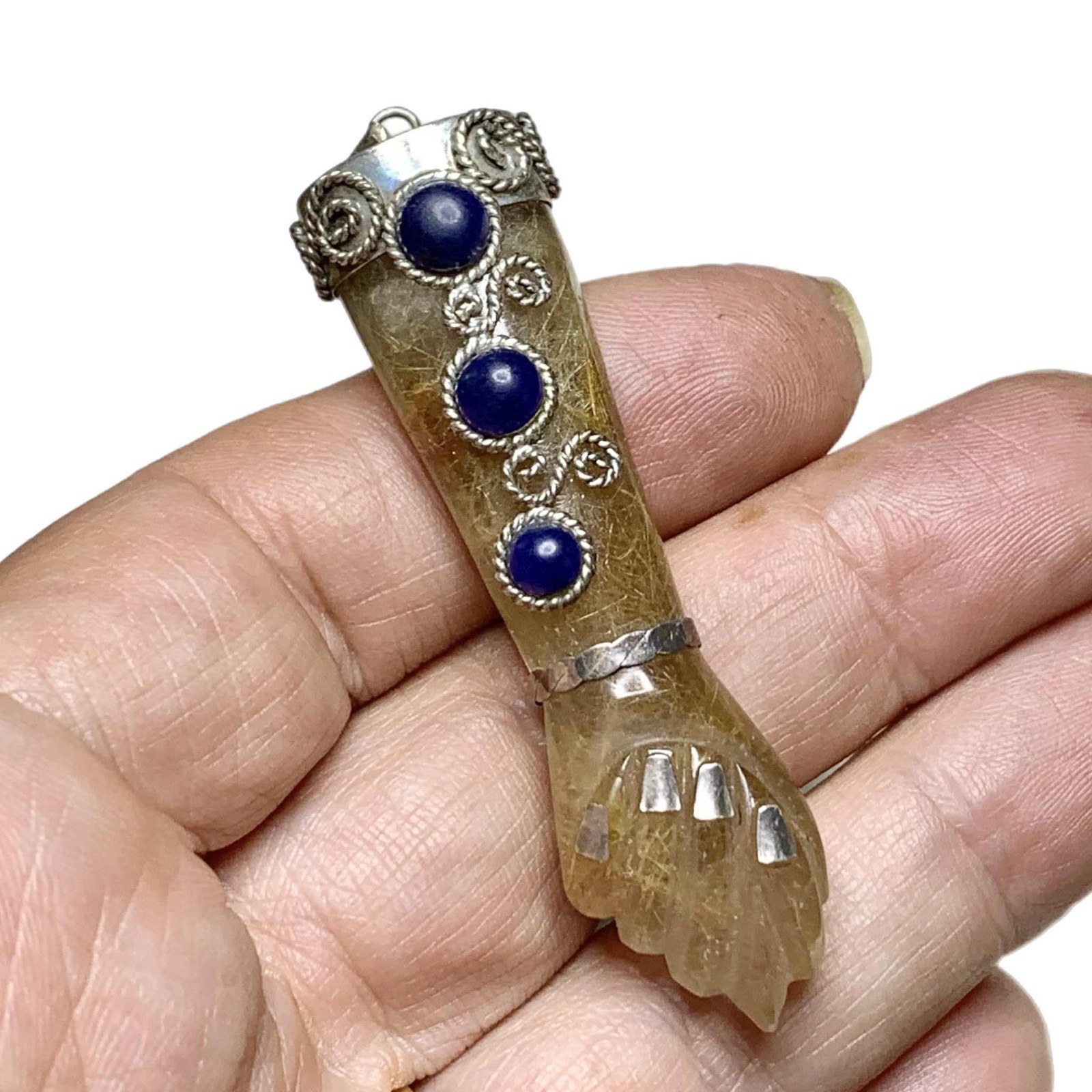 LUX Vintage Rutilated Quartz Figa Pendant, with Sterling + Lapis Lazuli, 2 3/4