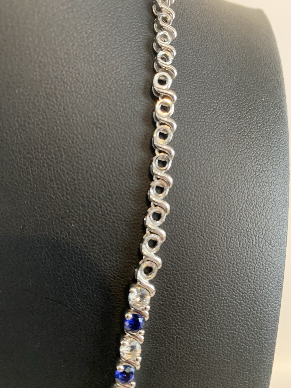 925 Sterling Silver Lab Created Blue & White Sapphire Tennis Necklace Signed EMA