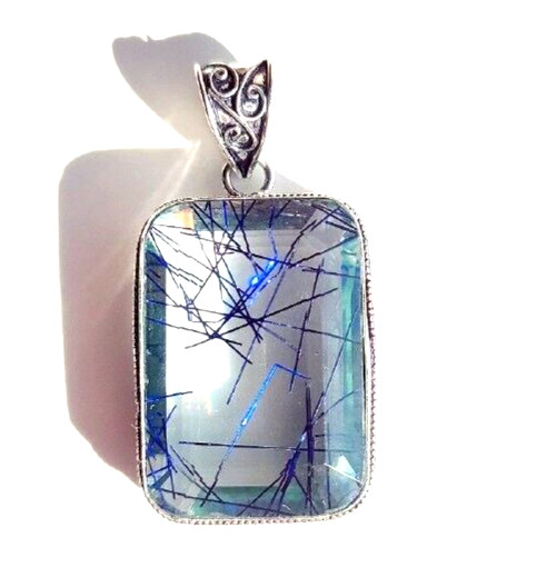 Blue Rutilated Quartz Gemstone 925 Sterling Silver Handmade Jewelry Pendant