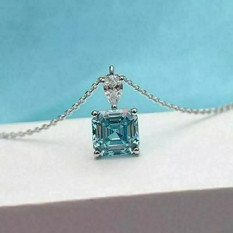 4Ct Asscher Cut Aquamarine Solitaire Pendant 14K White Gold Finish Free Chain