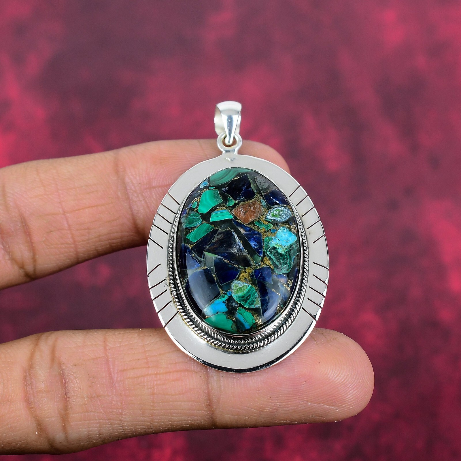 Copper Azurite Malachite Gemstone Handmade 925 Sterling Silver Pendant Jewelry