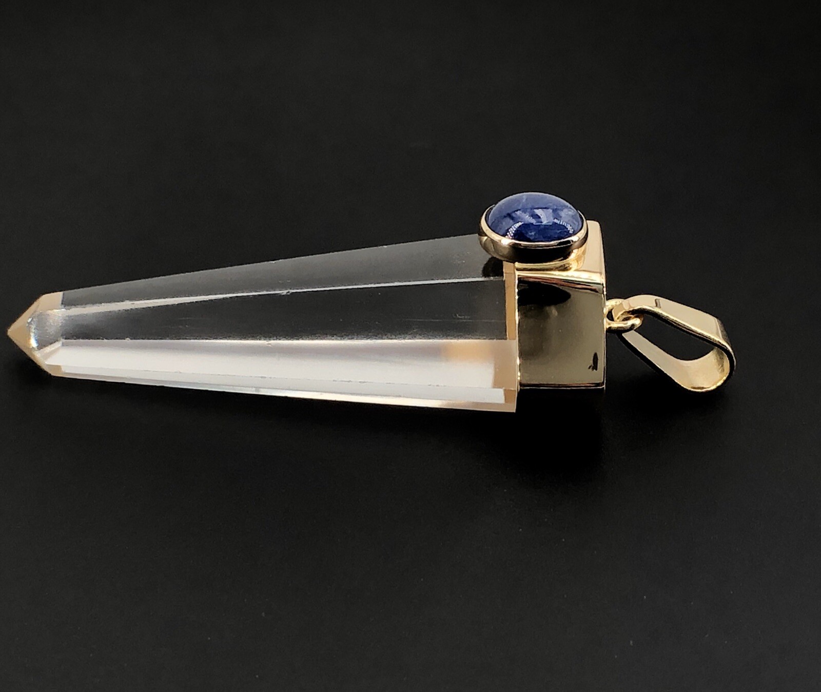 Unique 14k Gold Natural Quartz Point & Sapphire Pendant, 2.4″, New