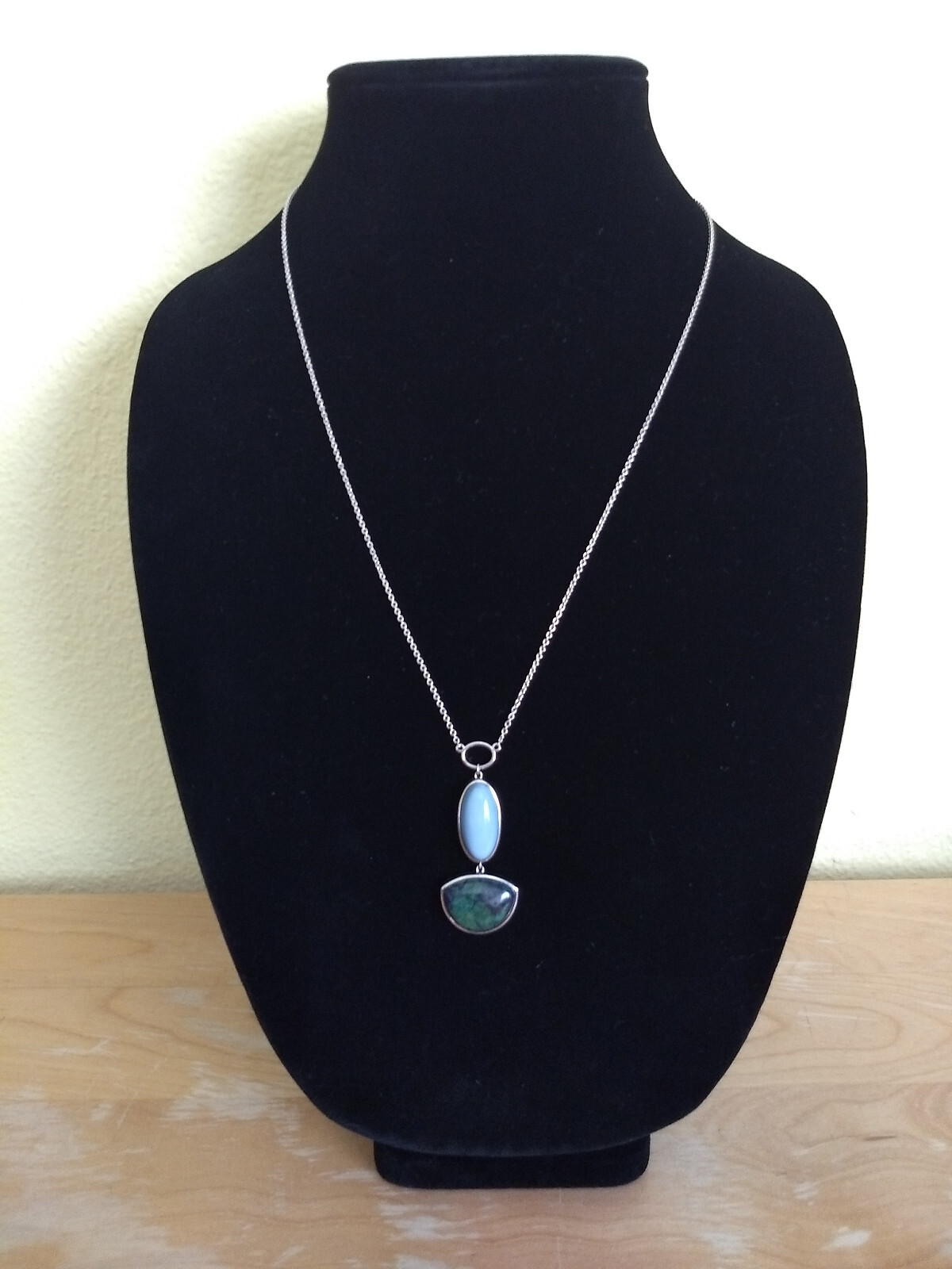 Silver 925 Necklace Double Opaque Stone Pendant Marked UTC 925 Boho Western