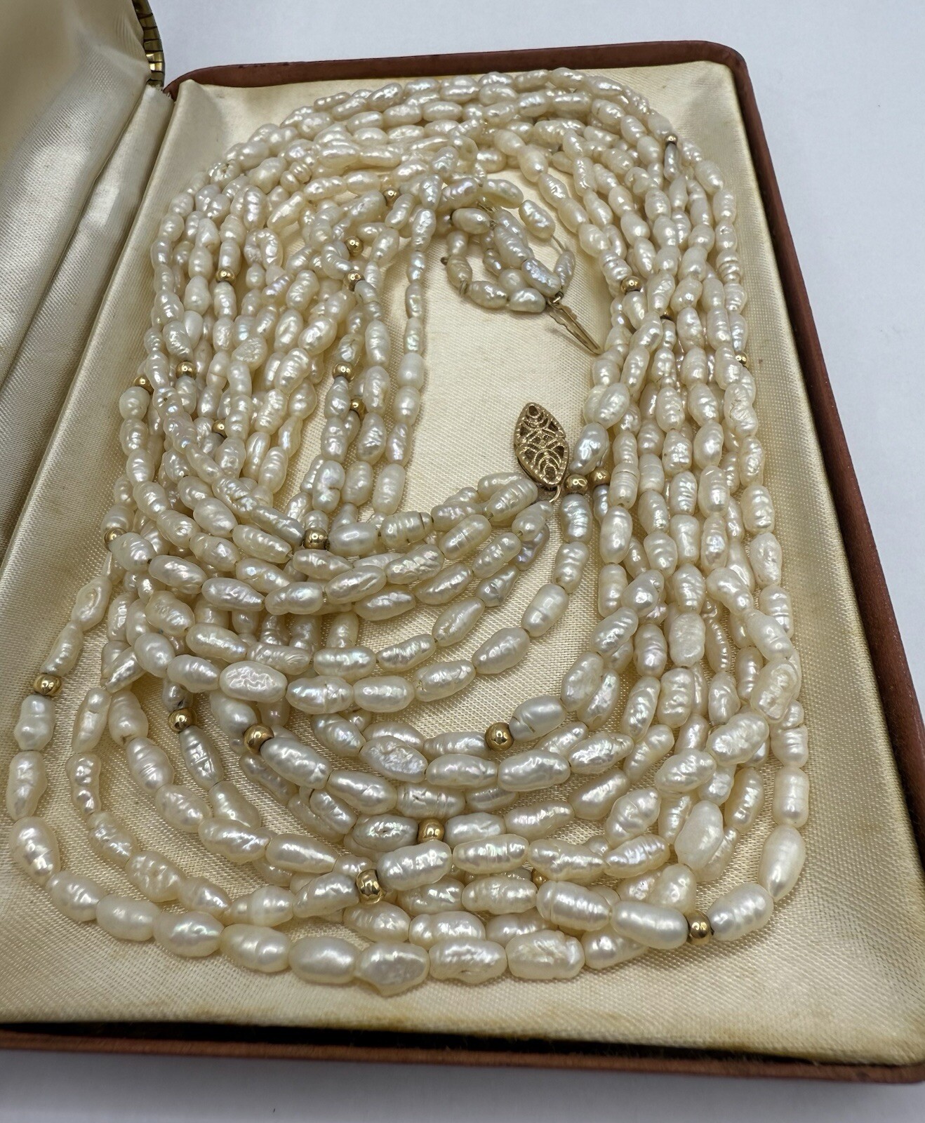 14k Yellow Gold Pearl Multi Strand 32in Necklace 67.13g CLASSY Vintage Ladies