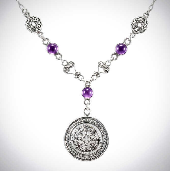 Vintage 925 Sterling Silver Fleur-de-lis Amethyst Openwork Scrollwork Necklace