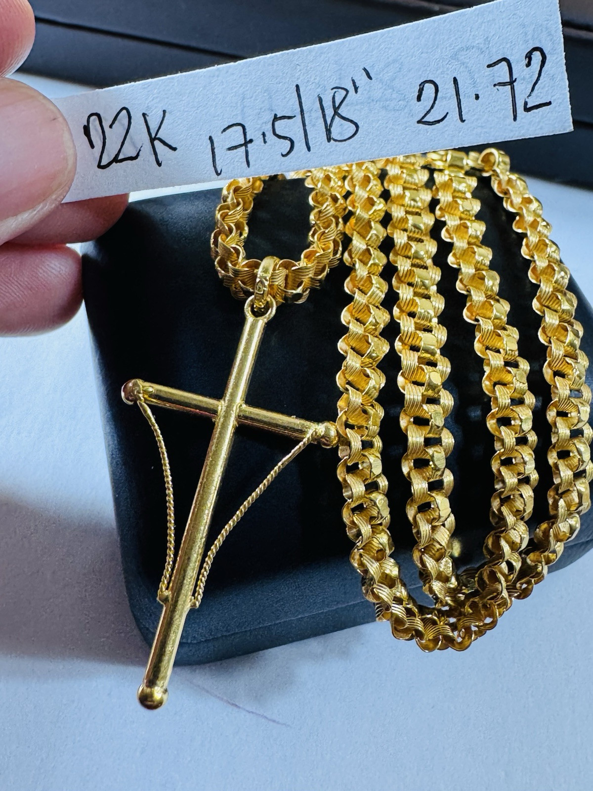 Solid Genuine 22K 916 Dubai Gold Rare Cross Necklace 17.5/18 Inch 6mm 21.72g