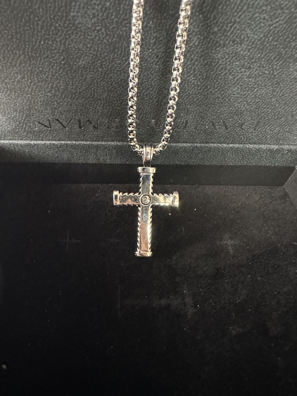 David Yurman Sterling Silver / Black Diamonds Chevron Cross Pendant Length 22″
