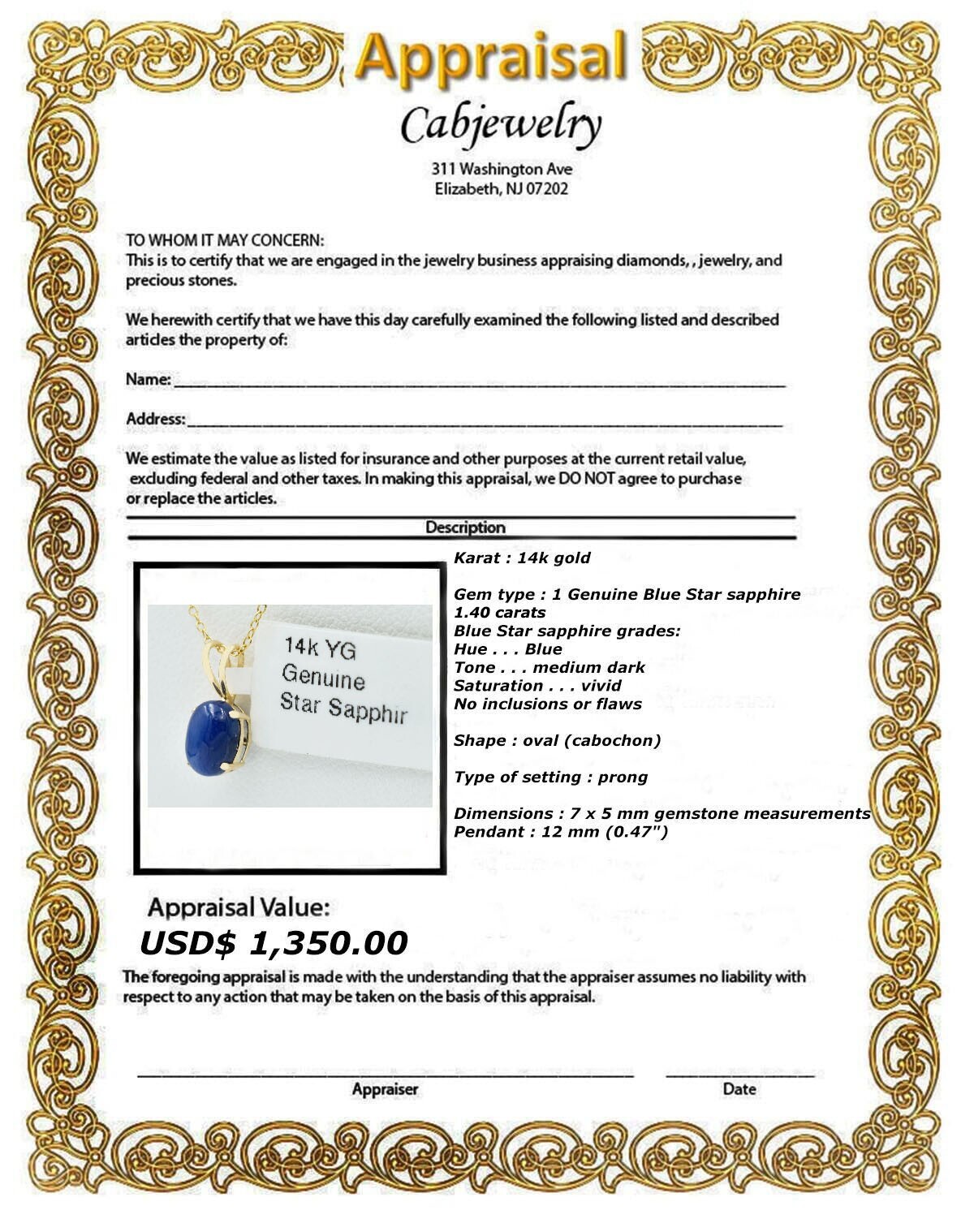 GENUINE 1.40 Cts STAR SAPPHIRE PENDANT 14K YELLOW GOLD – Free Certificate – NWT