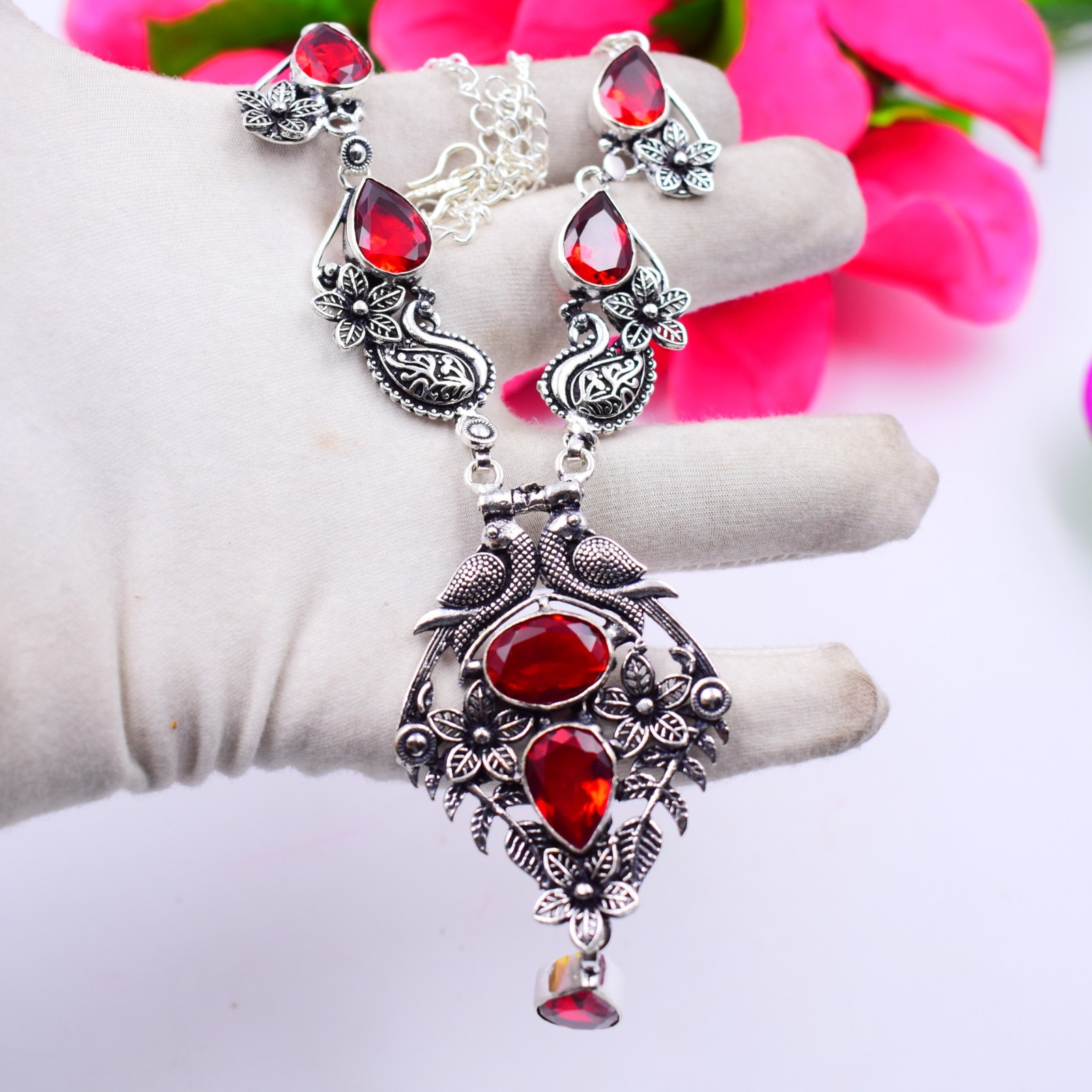 Red Garnet Gemstone Handmade 925 Sterling Silver Jewelry Necklace Sz-17-18″