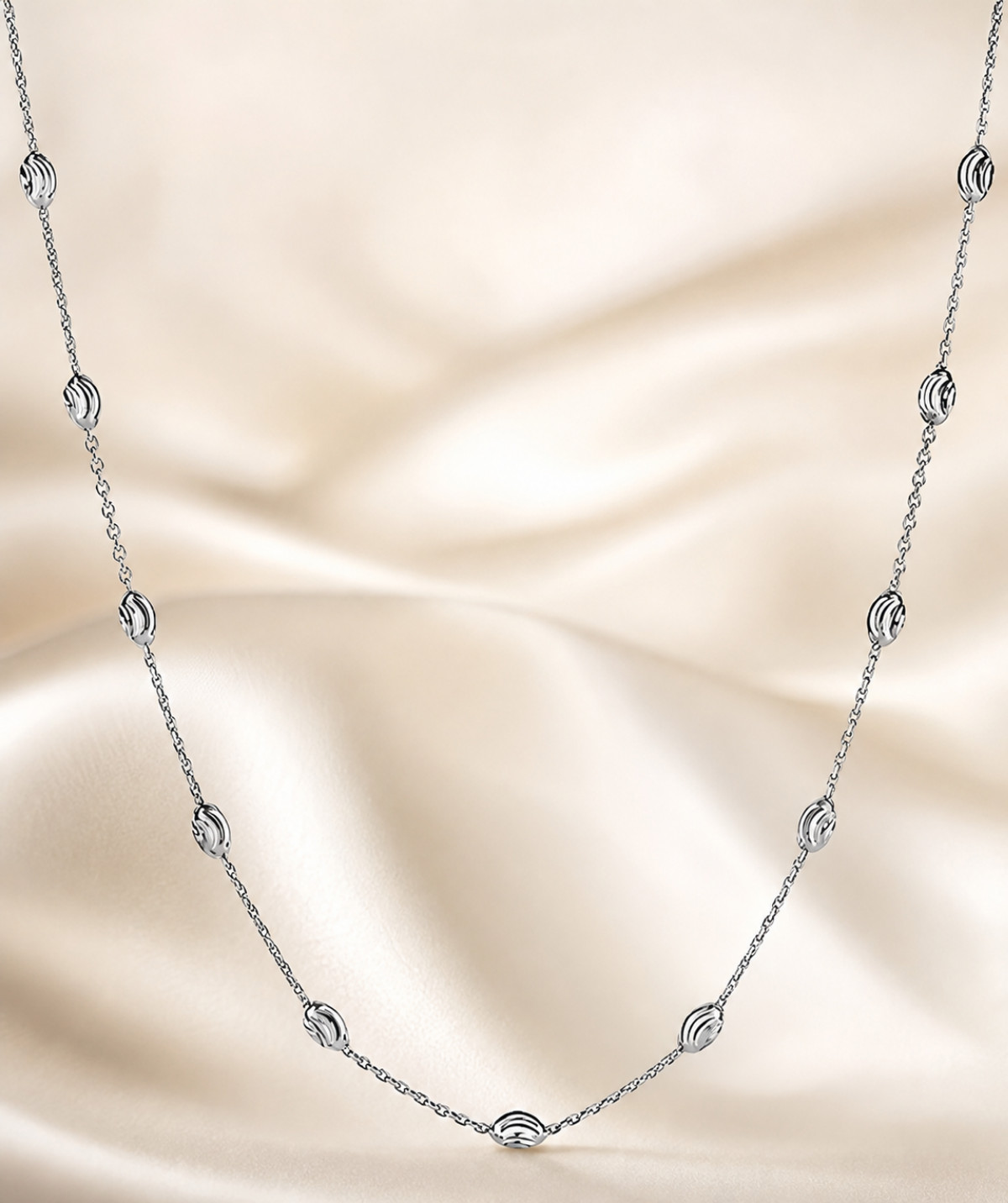 Moon Bead Station Necklace 925 Solid Sterling Silver 3mm Diamond Cut Chain 18 In