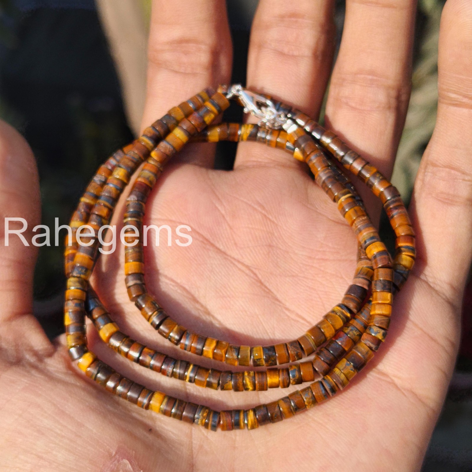 Tiger’s Eye Necklace, 4mm Smooth Rondelle Beads, Dainty Brown Gold Gemstone