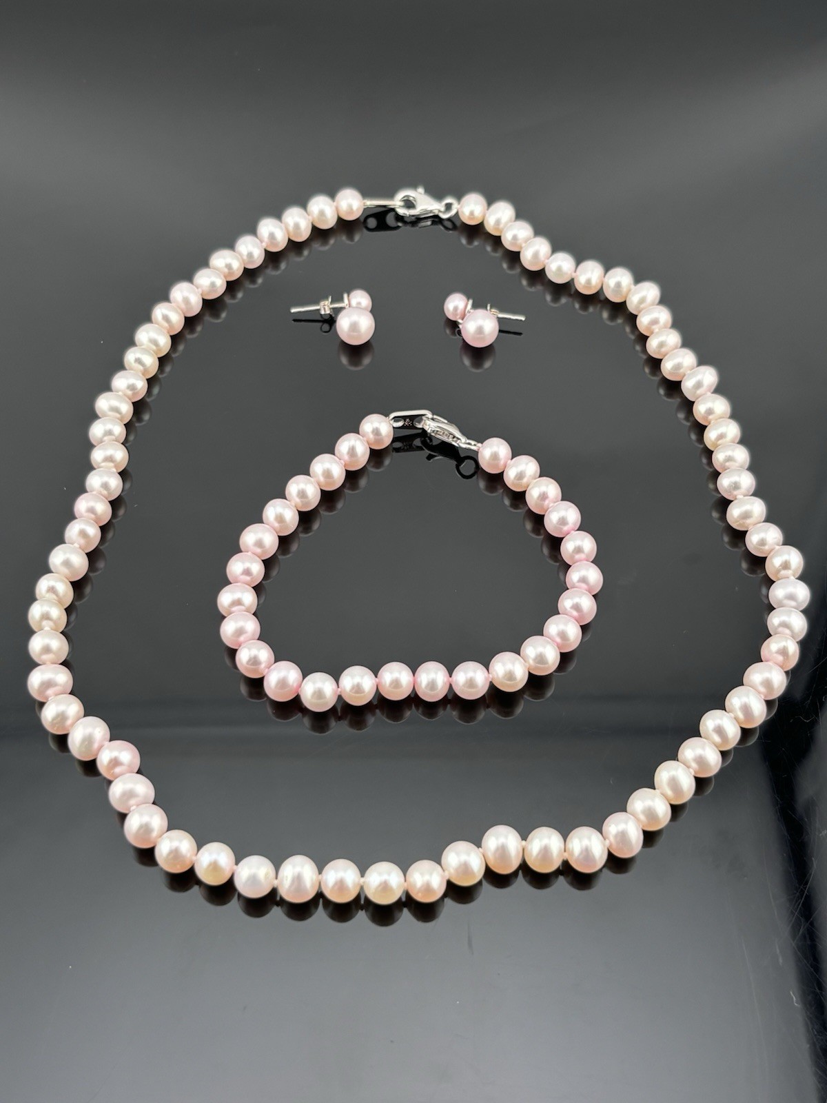 Danbury Mint Sterling Silver Pink Pearl Necklace Bracelet & Stud Dangle Earrings