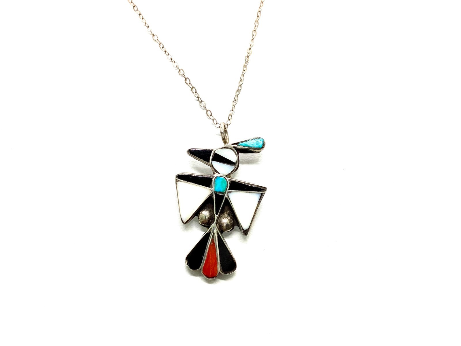 Native American Stirling Bird Necklace With Inlaid Stones E017001-122 .14 ozt