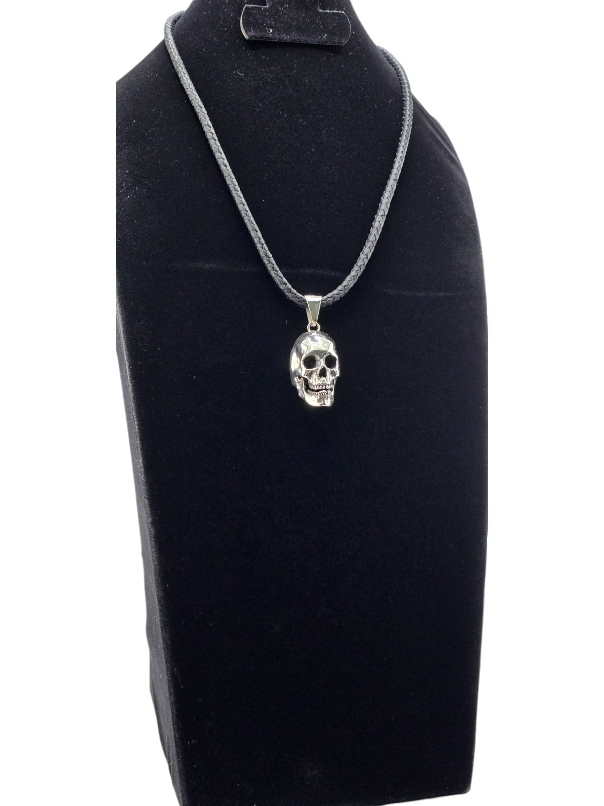 Handmade Solid 925 Sterling Silver Skull Pendant with Handwoven Leather Necklace