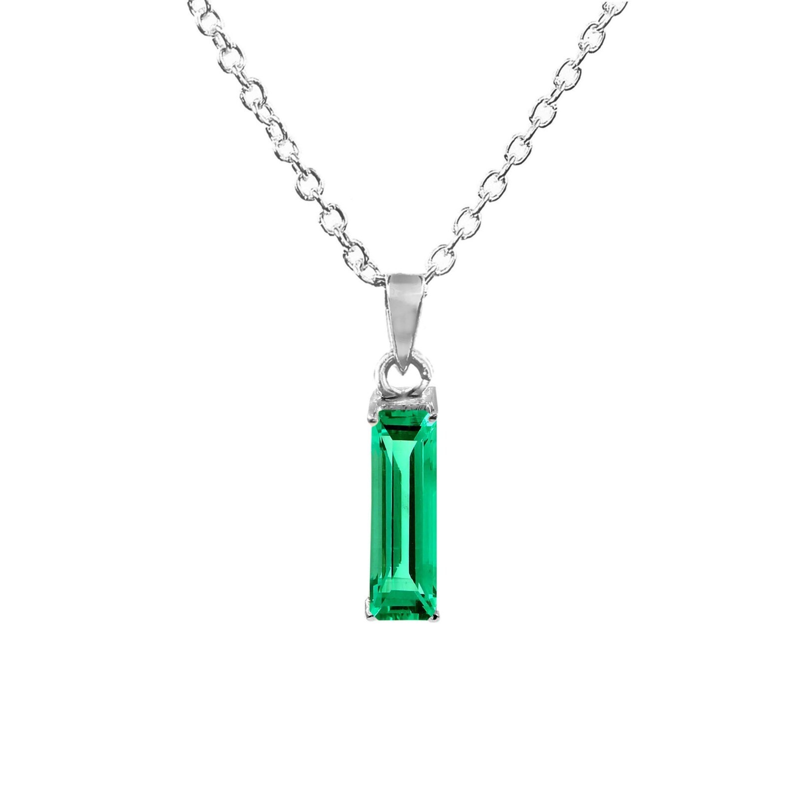 Emerald Baguette Cut Pendant Sterling Silver Necklace For man Women