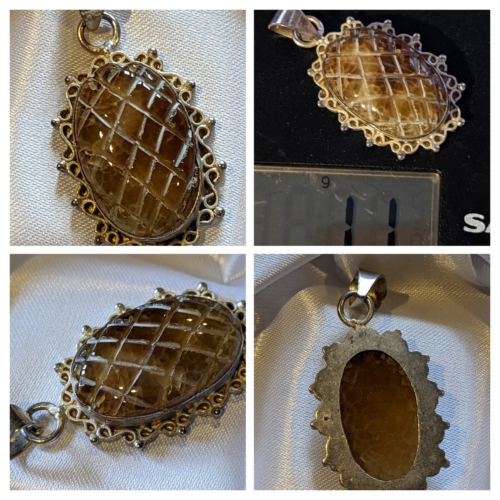 Vintage Unique Cognac Quartz Gemstones Pendant on German Silver 11g 45×23 mm
