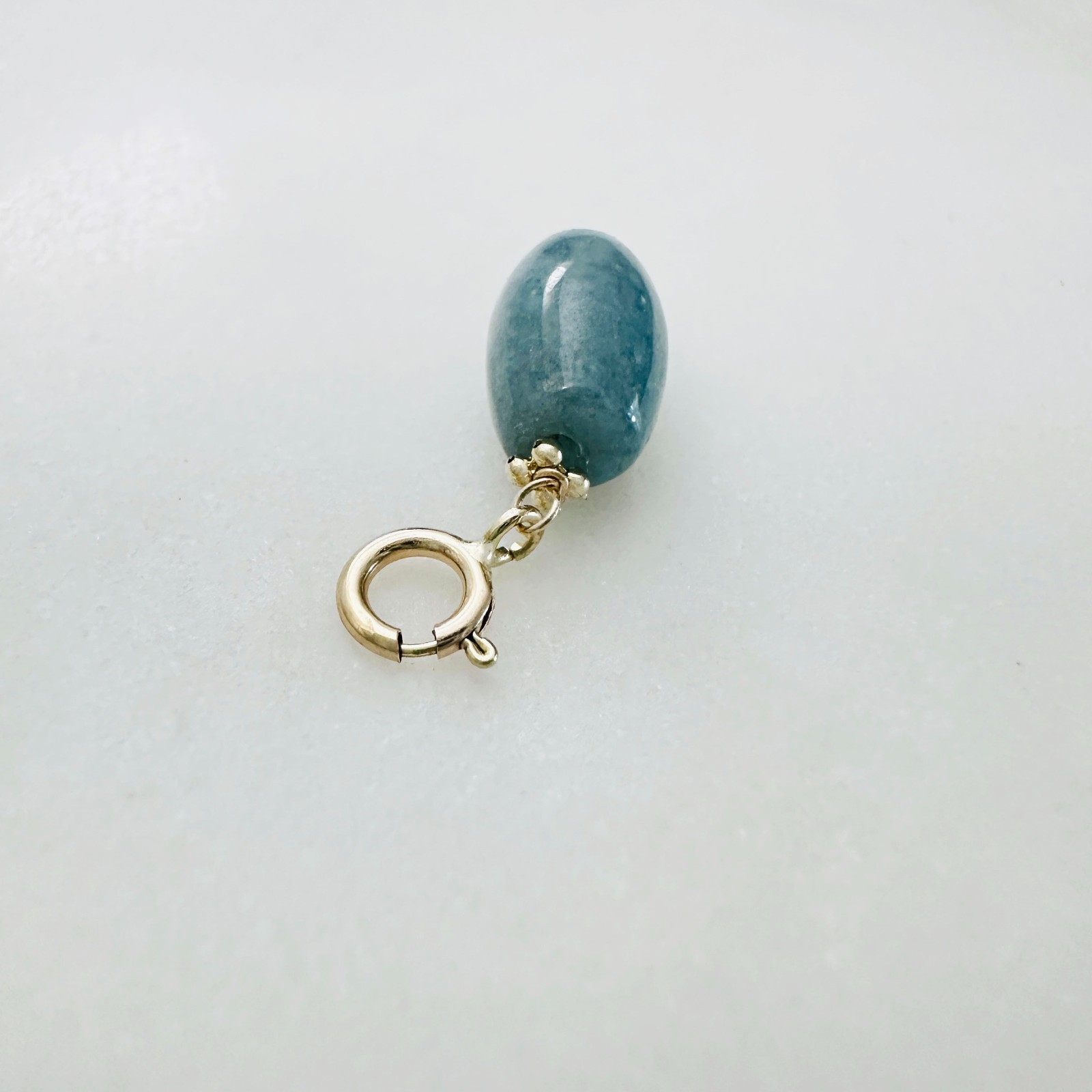 14K Solid Yellow Gold Barrel Blue-Green Jade Small Charm Pendant w/Spring Clasp