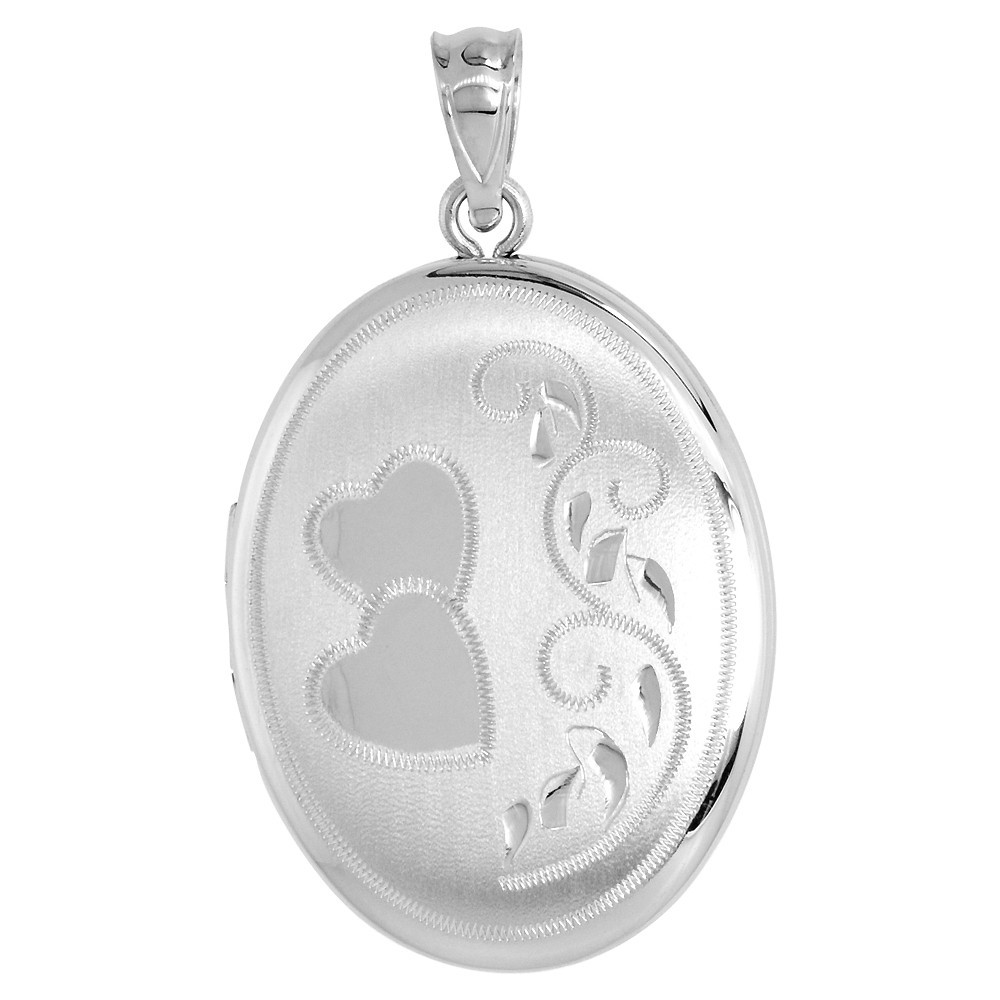 925 Sterling Silver Hearts & Scroll Oval Locket Pendant 1 1/32 Inch (26mm) Tall