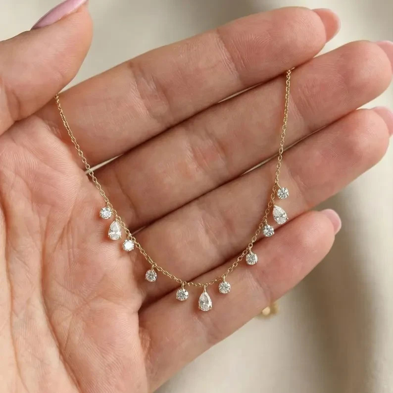 Pear Cut Lab Grown Diamond Drop Necklace 14K Yellow Gold Beautiful Gift For Her