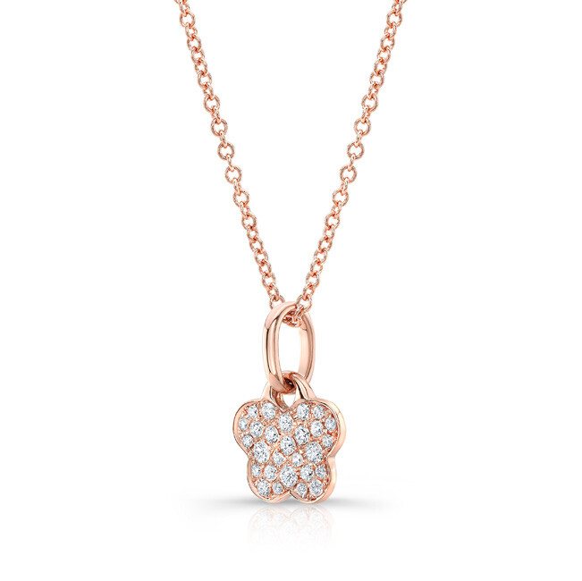 18k Rose Gold Diamond Clover Pendant Necklace Natural Round Pave 0.17CT Womens