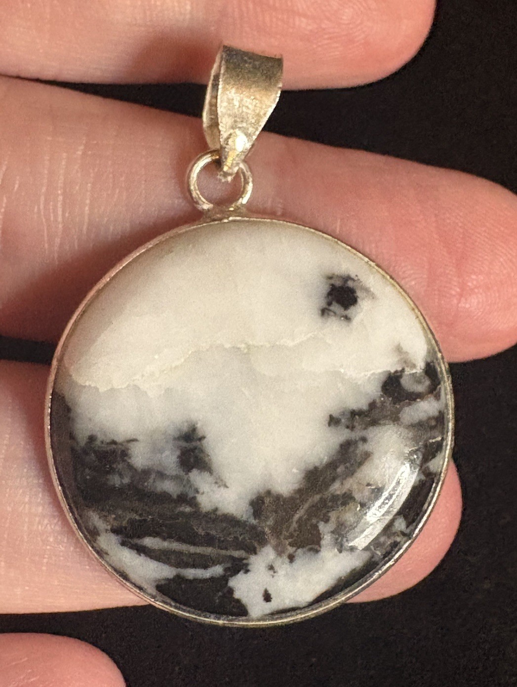 925 Sterling Silver White Buffalo Turquoise Round Pendant Black White Stone