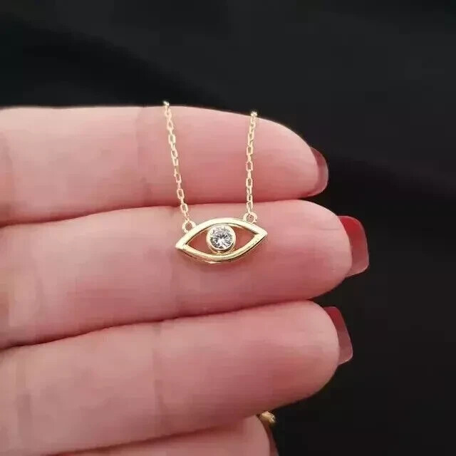 Real Moissanite 0.10 Ct Bezel Evil Eye Pendant Necklace 14K Yellow Gold Plated