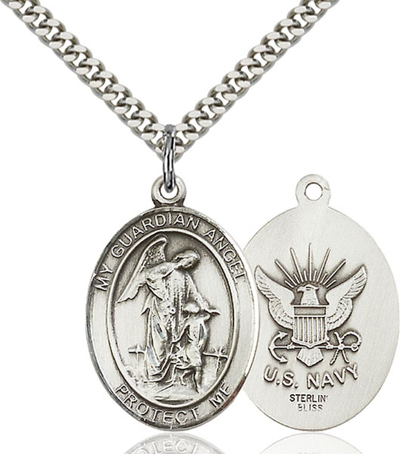 Sterling Silver Guardian Angel US Navy Medal Pendant Necklace 24″ Chain GiftBox