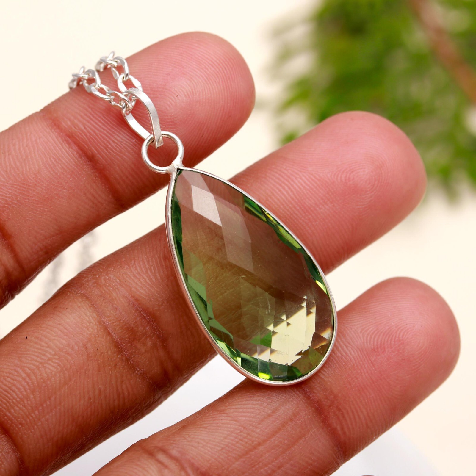 Green Amethyst Gemstone Adjustable 925 Sterling Silver Chain Necklace 18″
