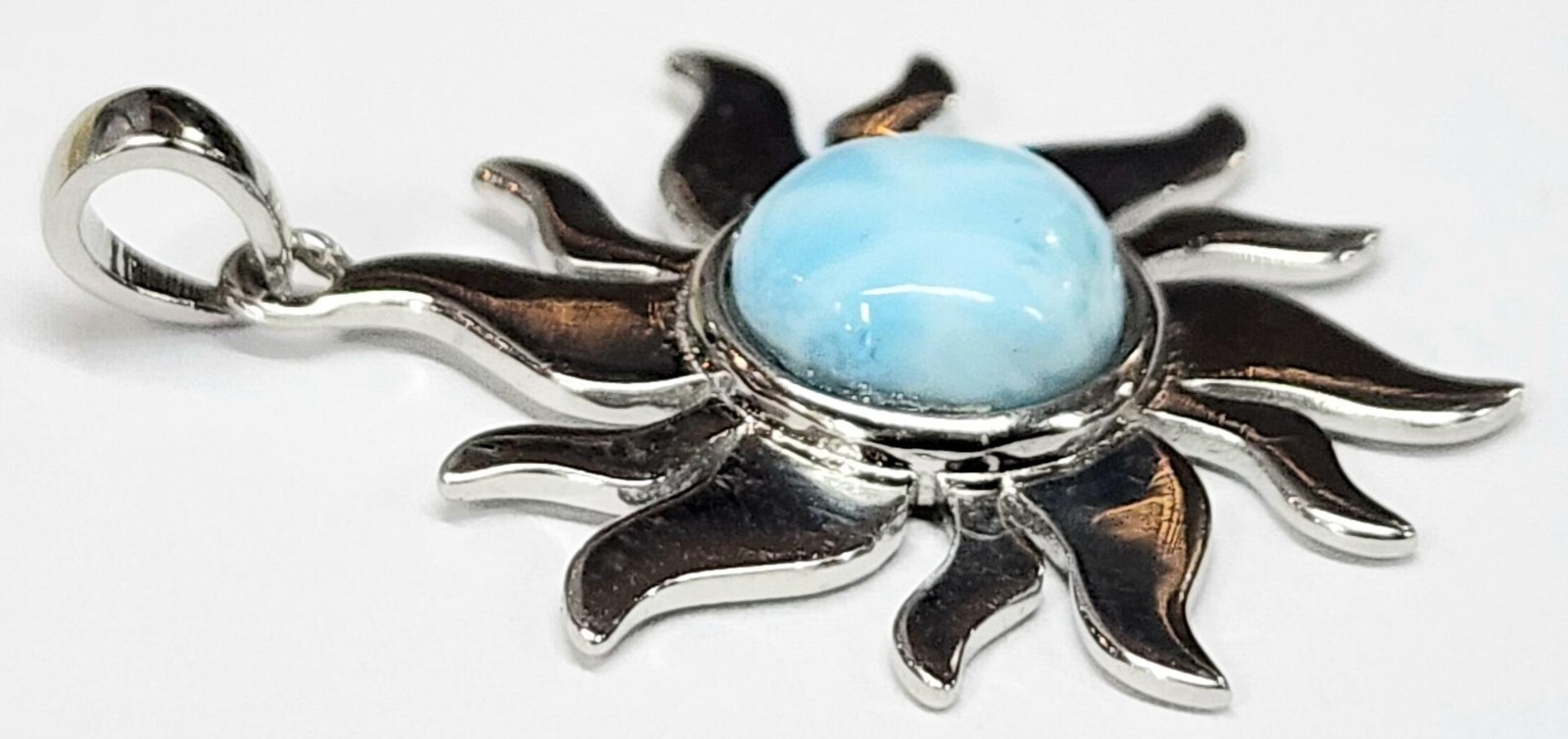 Larimar Sun Burst Pendant 925 Sterling Silver High Polished Blue Stone