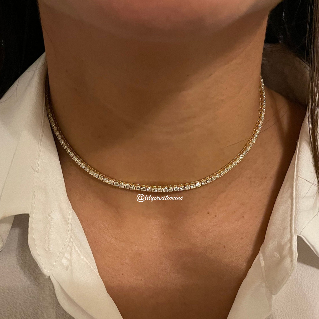 7 Ct Round Natural Diamond Choker Tennis Necklace 17 Inch 14K Gold