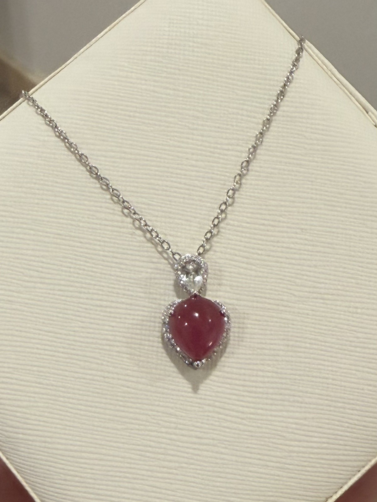 Stunning Natural Red Ruby 9x11mm & White Topaz 925 Sterling Pendant Necklace 18”