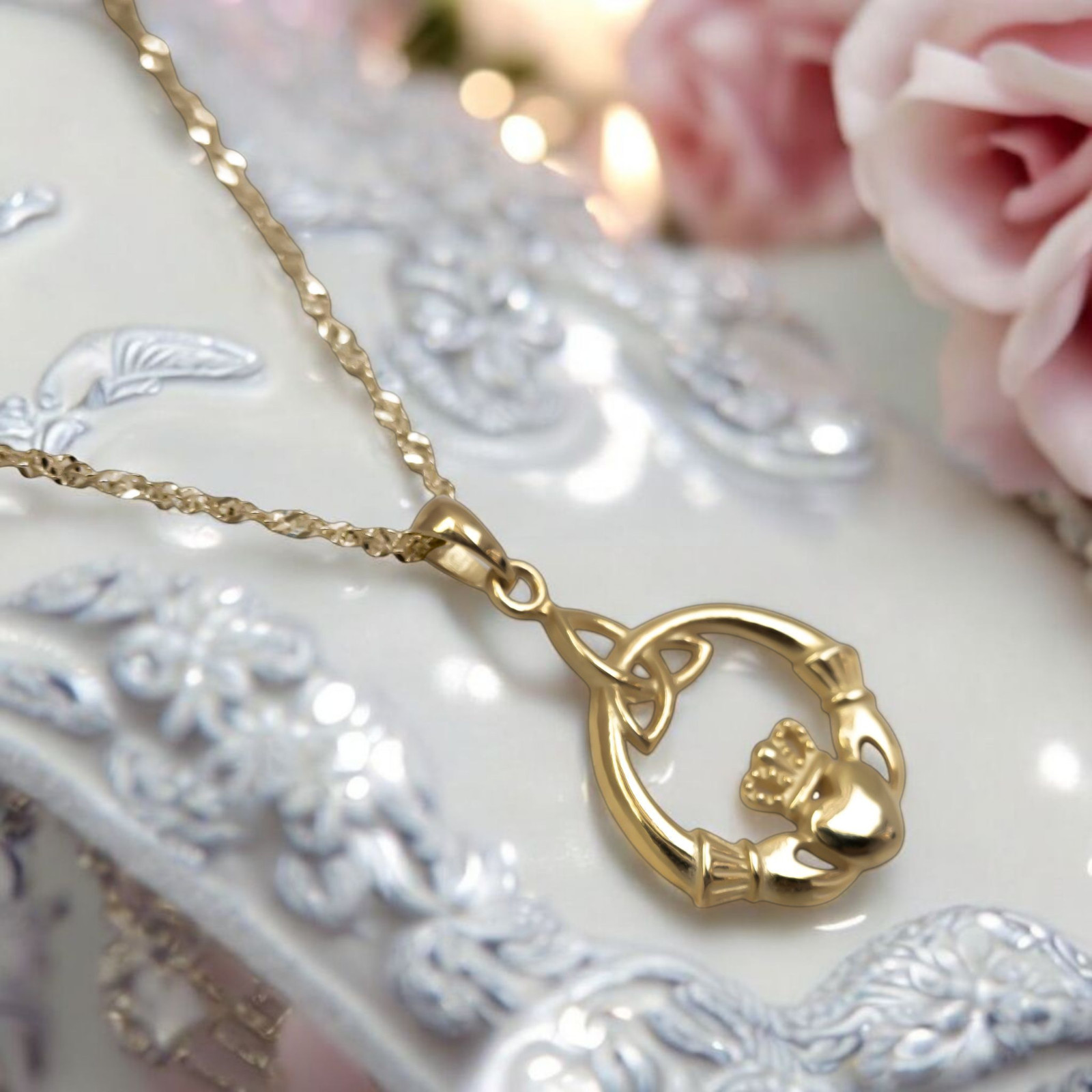 14K Gold Plated 925 Sterling Silver Irish Claddagh Necklace for Women, 20 Inches
